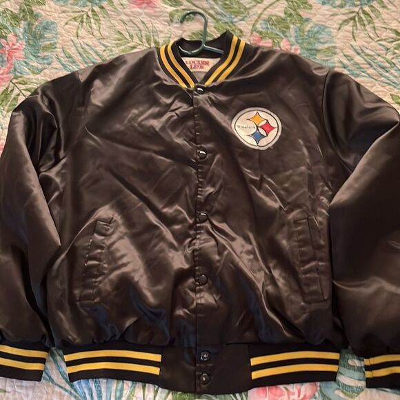Vintage NFL Pittsburgh Steelers Locker Line Black Satin Bomber Snap Up Jacket- X - Picture 2 of 16